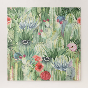 Puzzle Cacti, suculentos: acuarela floral.