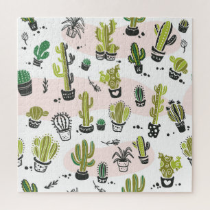 Puzzle Cactus dibujados a mano: sin costuras vintage.