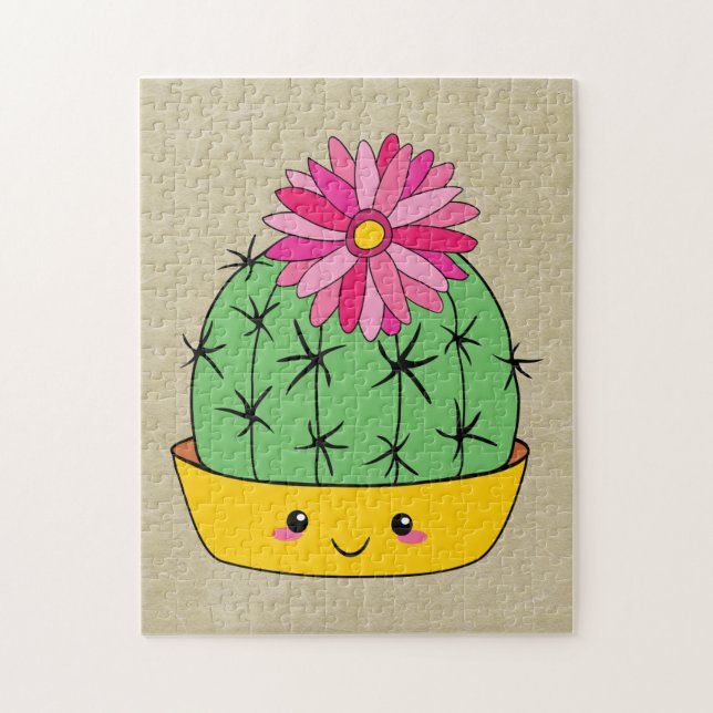 Puzzle Cactus Kawaii de estilo japonés con flor de dibujo (Vertical)