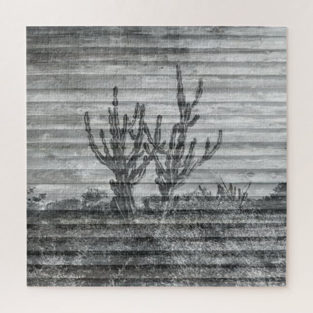 Puzzle Cactus Plants On Wood Planks Black And White Photo (Vertical)