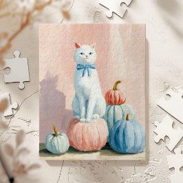 Puzzle Cae Gato blanco otoñal con calabazas