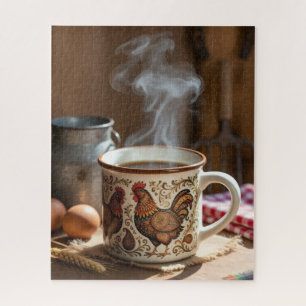 Puzzle Café humeante en taza de pollo estilo arte popular