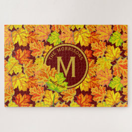 Puzzle Caída Monograma Maple deja patrón de olivo otoñal