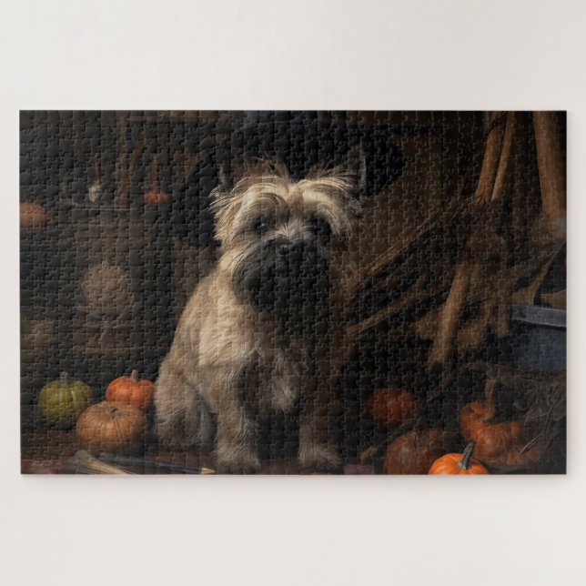 Puzzle Cairn Terrier arroja calabazas de Halloween Scary (Horizontal)