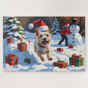 Puzzle Cairn Terrier corriendo en la nieve con sombrero d