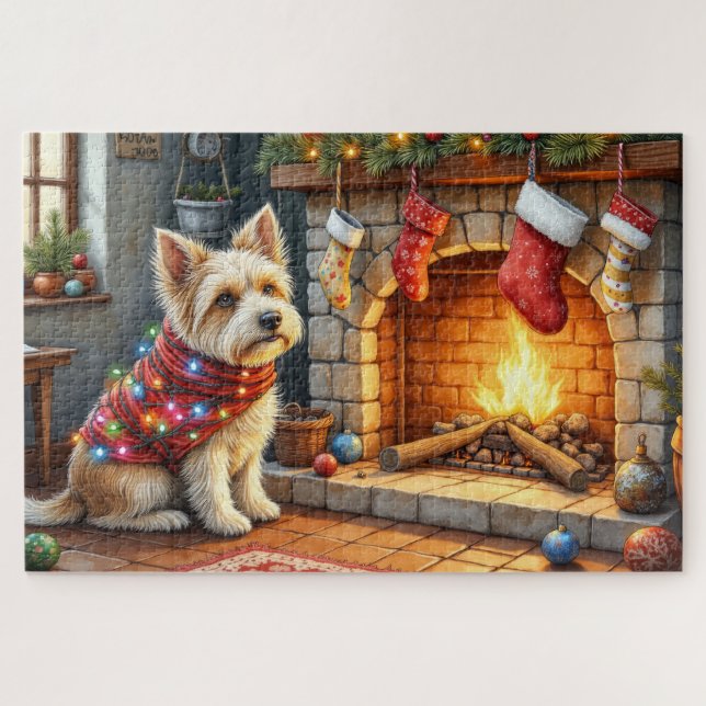 Puzzle Cairn Terrier Sitting Fireplace Christmas Lights (Horizontal)