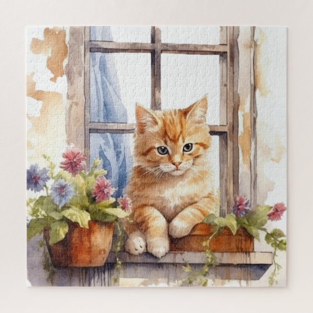 Puzzle Caja de flores de ventana de gatito amarillo Pintu (Vertical)