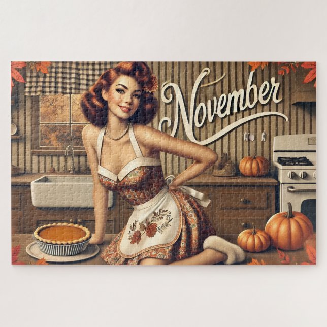Puzzle Calabaza Chica Retro Pin-Up de Noviembre (Horizontal)