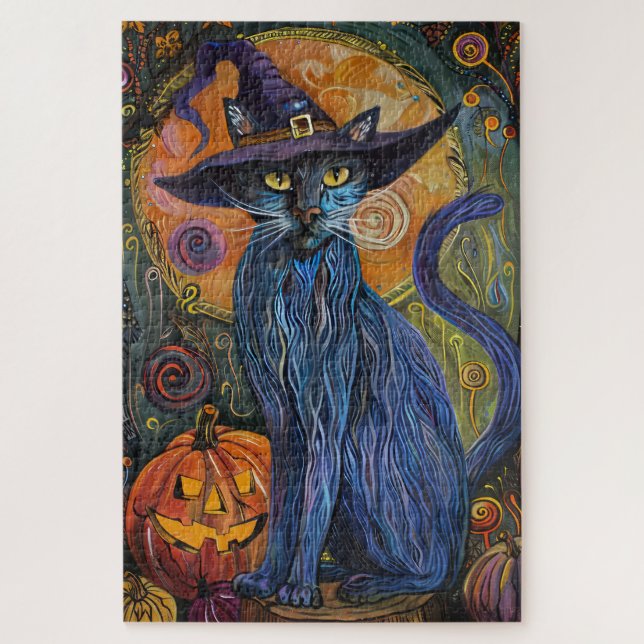 Puzzle Calabaza de bruja de Halloween, un gato azul ruso  (Vertical)