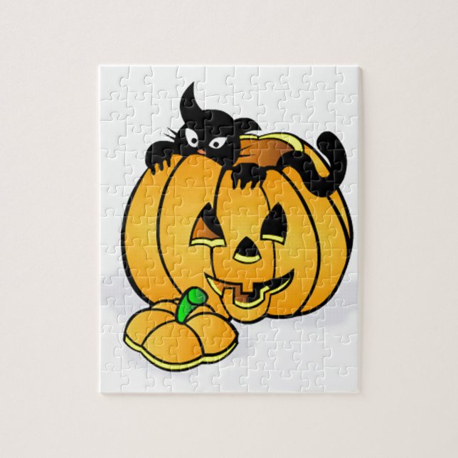 Puzzle Calabaza de Halloween con gato negro (Vertical)