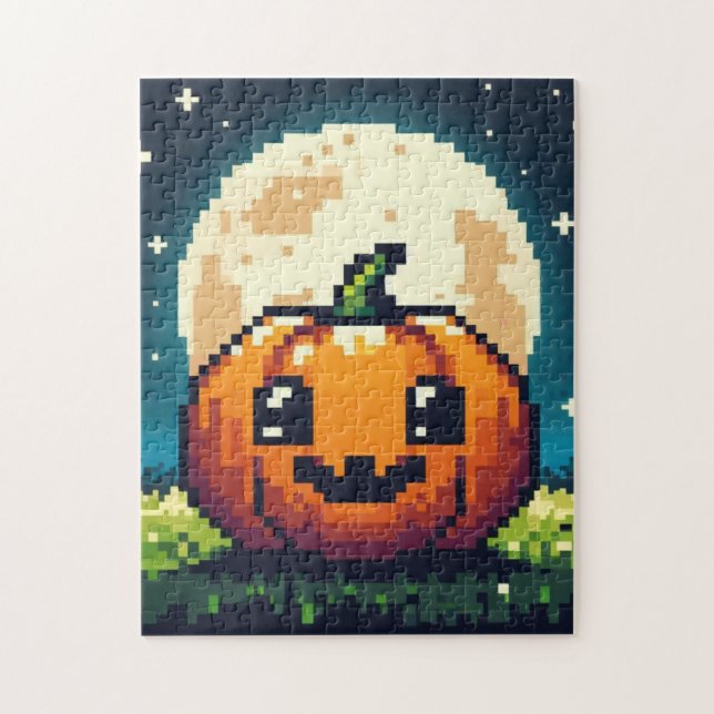 Puzzle Calabaza de Halloween de 8 bits bajo la luna (Vertical)