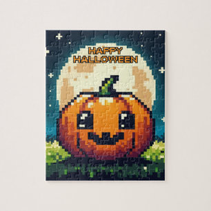 Puzzle Calabaza de Halloween de 8 bits bajo la luna