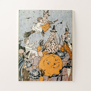 Puzzle Calabaza de Halloween vintage y brujas con escobas