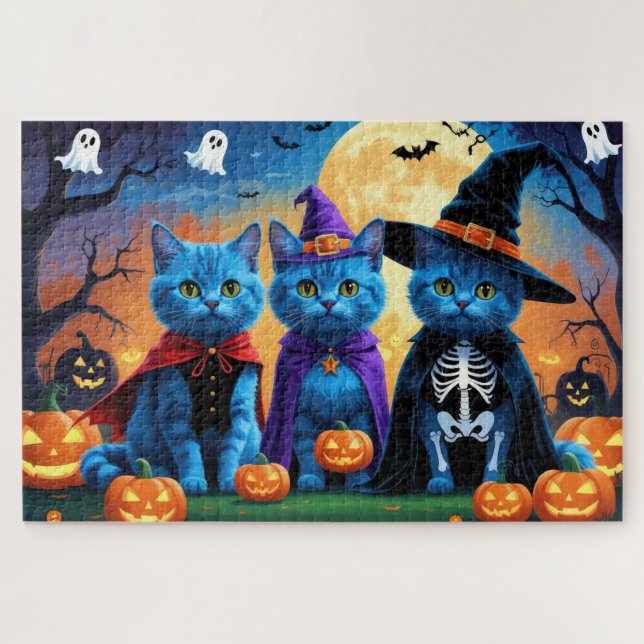 Puzzle Calabaza de los gatos azules rusos Halloween es di (Horizontal)