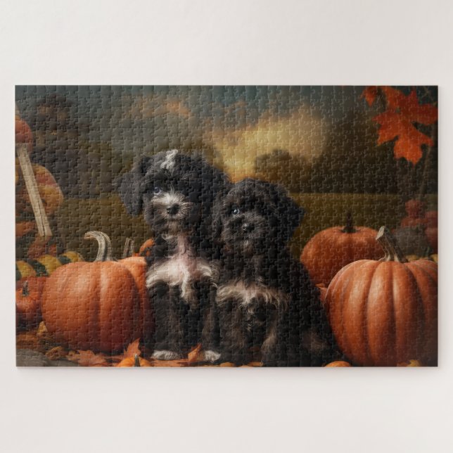 Puzzle Calabaza de luz de otoño de yorkipoo cachorro (Horizontal)