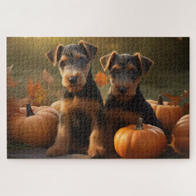 Puzzle Calabaza deslumbrante Airedale Puppy Autumn (Horizontal)