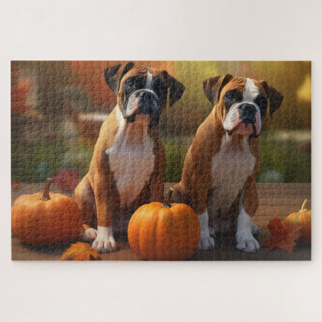 Puzzle Calabaza deslumbrante Boxer Puppy Autumn (Horizontal)