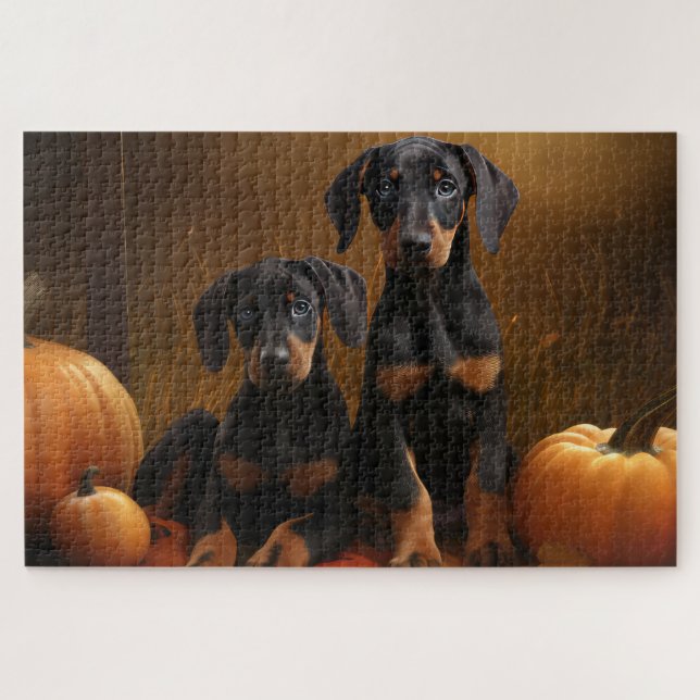 Puzzle Calabaza deslumbrante Doberman Puppy Autumn (Horizontal)