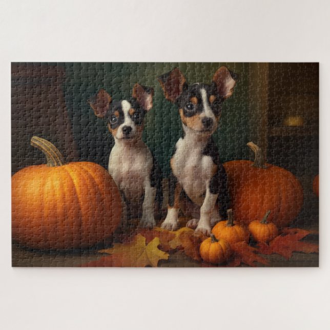 Puzzle Calabaza deslumbrante Rat Terrier Puppy Autumn (Horizontal)