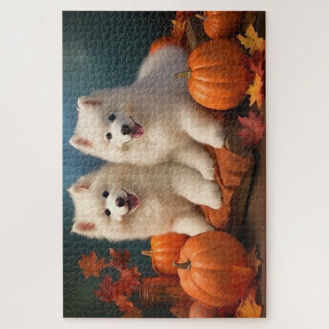Puzzle Calabaza deslumbrante Samoyed Puppy Autumn (Vertical)