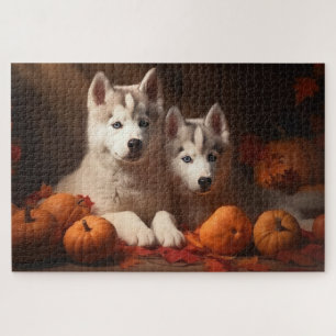 Puzzle Calabaza deslumbrante siberiana Husky Puppy otoño