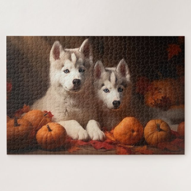 Puzzle Calabaza deslumbrante siberiana Husky Puppy otoño (Horizontal)