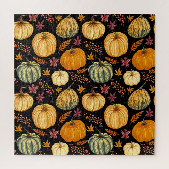 Puzzle Calabazas acuarelas: Patrón sin foco de otoño. (Vertical)