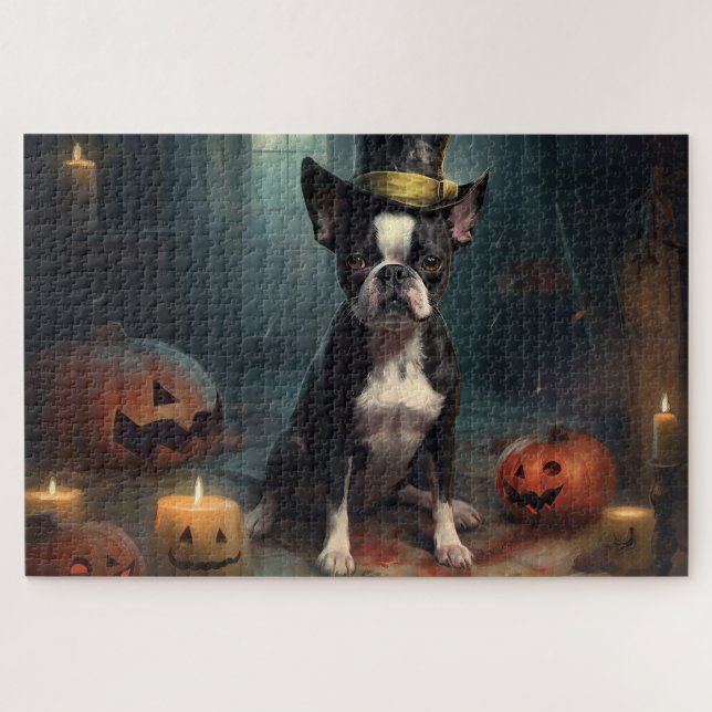 Puzzle Calabazas de Boston Terrier Halloween de Terror (Horizontal)