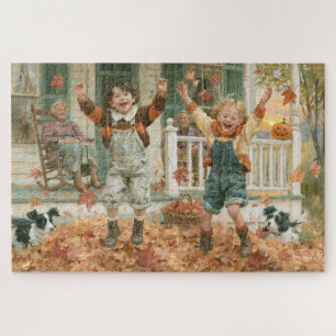 Puzzle Calabazas de hojas de otoño Pintura nostálgica par
