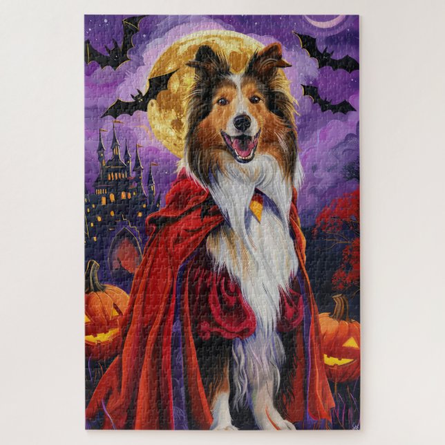 Puzzle Calabazas de vampiros de Halloween Rough Collie Sc (Vertical)