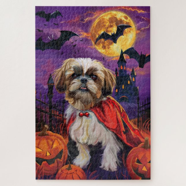 Puzzle Calabazas de vampiros de Halloween Shih Tzu asusta (Vertical)