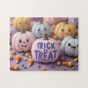 Puzzle Calabazas Kawaii Pastel con truco o truco texto