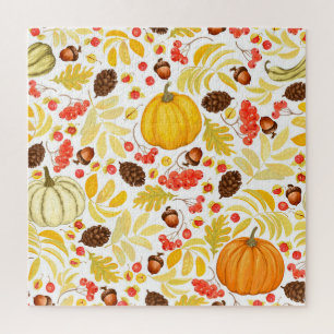 Puzzle Calabazas otoñales, bellotas, fondo vintage.
