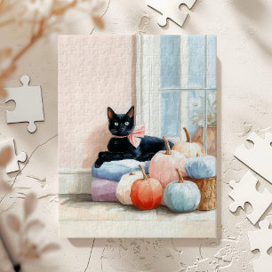 Puzzle Calabazas Pastel de Otoño Acogedor Gato Negro