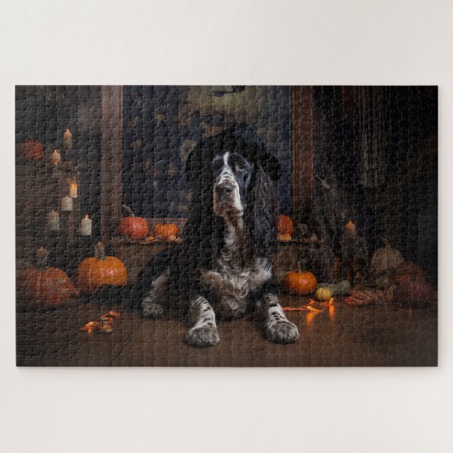 Puzzle Calabazas Spaniel de Caza Inglés Halloween Espeluz (Horizontal)