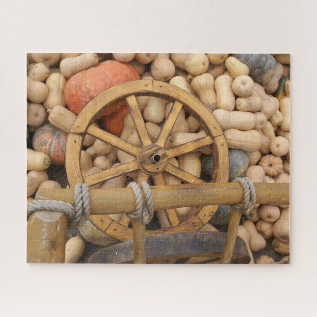 Puzzle Calabazas y rueda del carrito de madera rural (Horizontal)