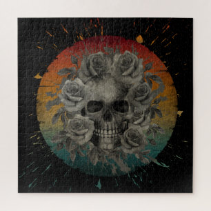 PUZZLE CALAVERA ANTIGUA Y FLORES NEGRO Y BLANCO