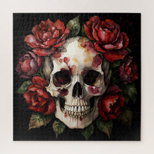 Puzzle Calavera con rosas rojas en negro