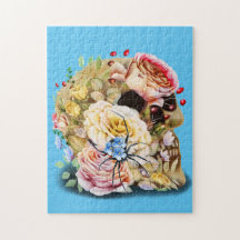 Calavera con rosas y araña floral azul
