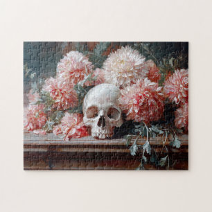 Puzzle Calavera vintage y flores rosas claras