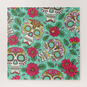 Puzzle Calavera y flores mexicanas, sin costura.