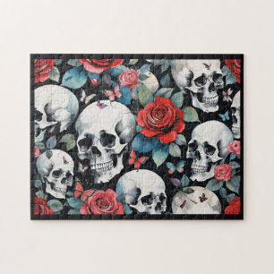 Puzzle Calaveras y rosas rojas con mariposas negras