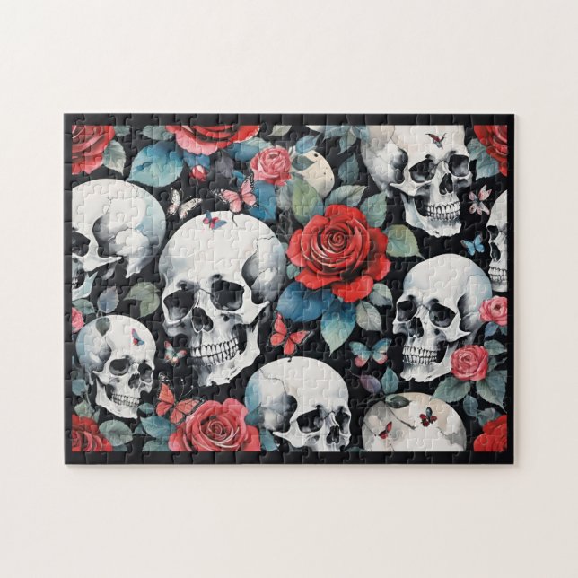 Puzzle Calaveras y rosas rojas con mariposas negras (Horizontal)