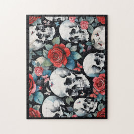Puzzle Calaveras y rosas rojas con mariposas negras