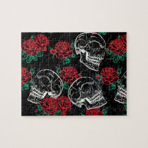 Puzzle Calaveras y rosas rojas   Gótico moderno Glam Grun