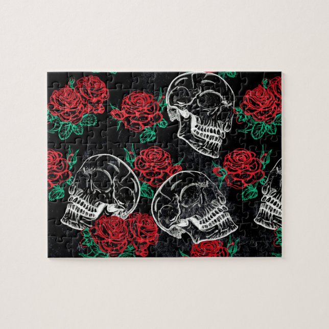 Puzzle Calaveras y rosas rojas | Gótico moderno Glam Grun (Horizontal)