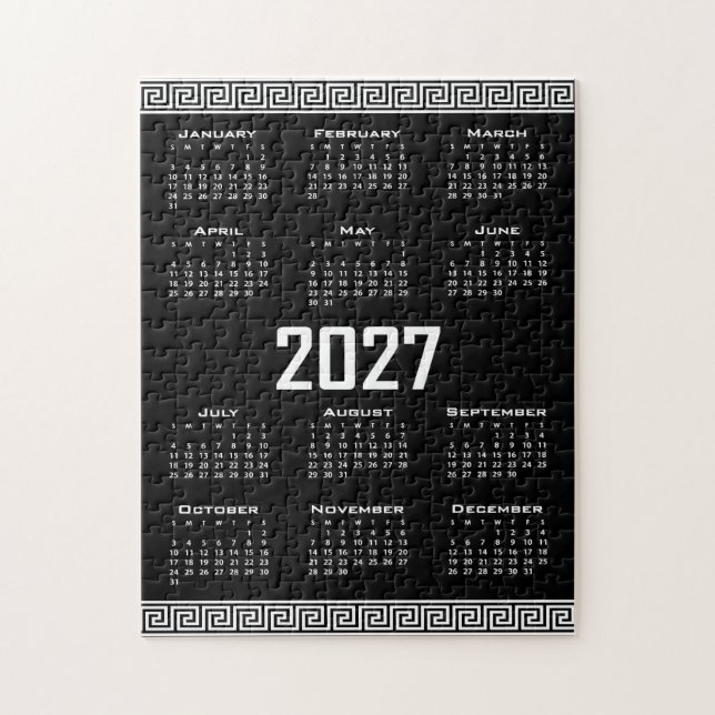 Puzzle Calendario 2027, Falso Griego, Blanco sobre Negro (Vertical)