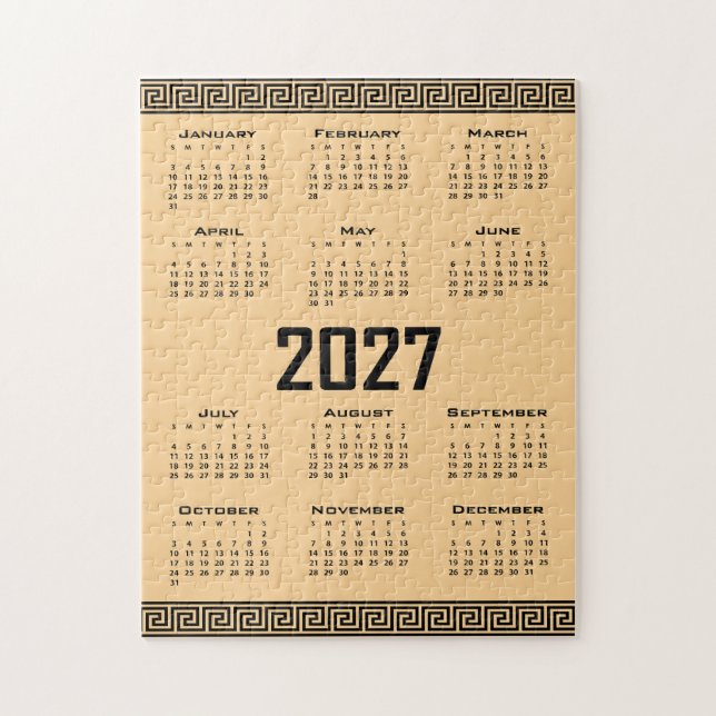 Puzzle Calendario 2027, Falso Griego, Negro sobre Beige (Vertical)