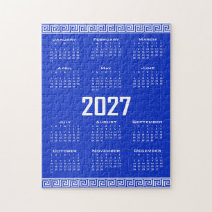 Puzzle Calendario 2027, greca griega, blanco sobre azul g