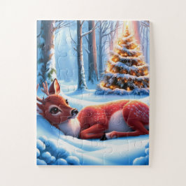 Puzzle Cálido ciervo enclavado por el árbol de Navidad en